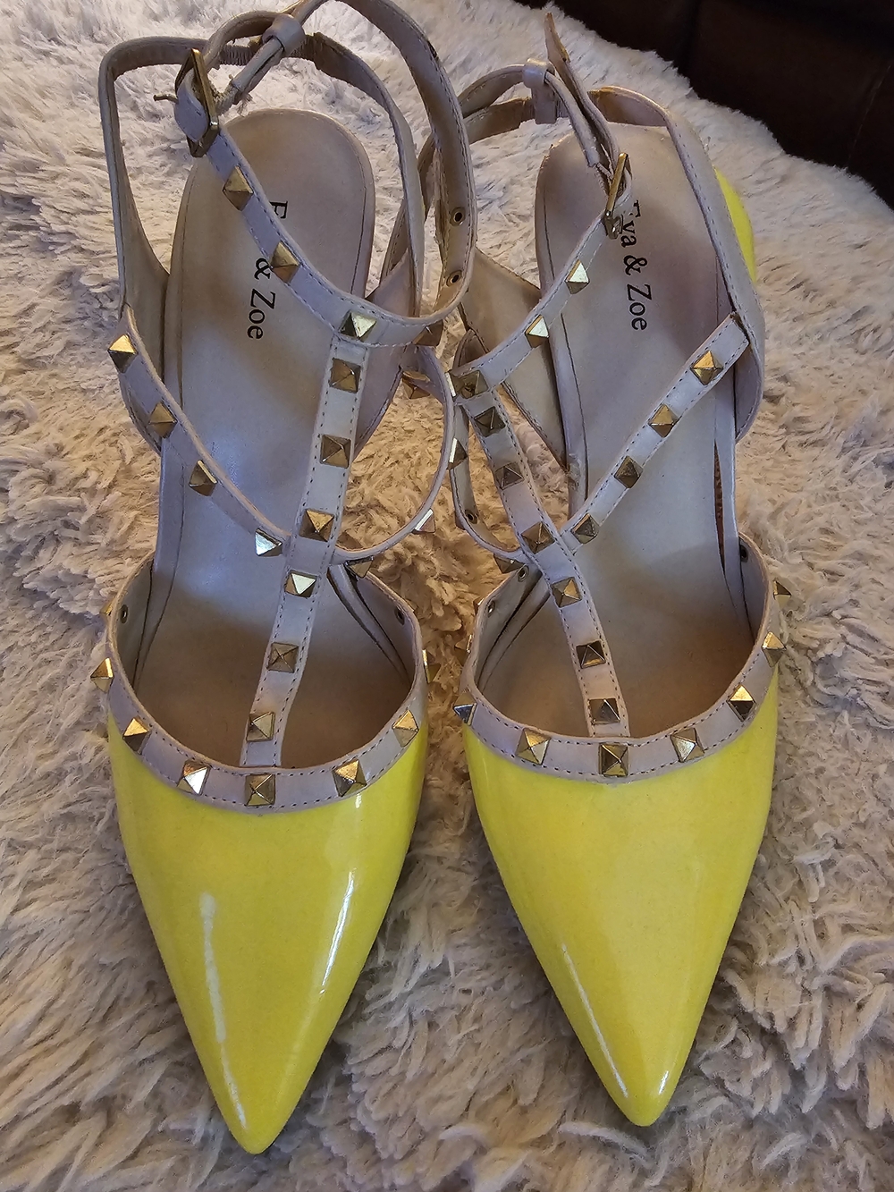 Yellow Pointed-Toe Studded Slingback Heels